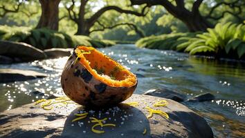 Baked Sweet Potato on Rock by River with Lush Forest Background photo