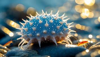 Spiky Blue Orb with Small Shrimps on Rocks with Bokeh Lights photo
