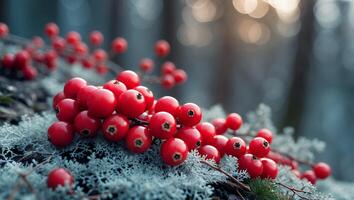 Red Berries on Branch with Lichen Growing in a Forest Setting photo