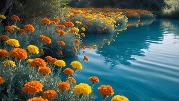 Flowering Plants Reflecting in Blue Water Creating a Peaceful Natural Scene photo