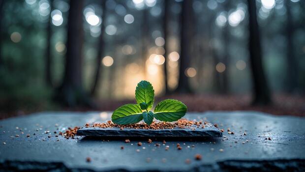 Mint Leaf on Stone Slab in Forest Clearing with Bokeh photo