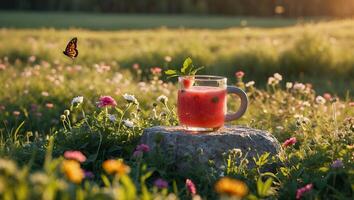 Watermelon Drink on Stone with Butterfly in a Flower Field photo
