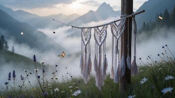Macrame Hanging Displayed in Misty Mountain Meadow with Butterflies Flying photo