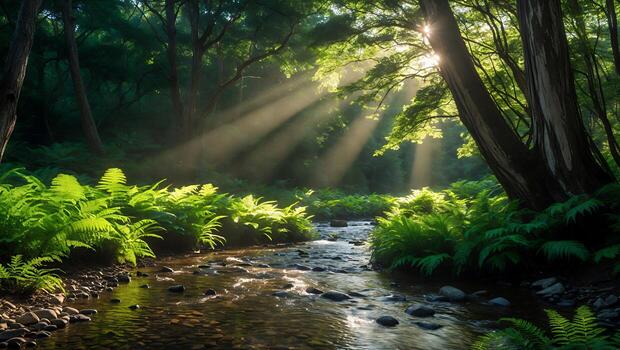 Stream Flowing Through Lush Forest with Sunlight Streaming Through Trees photo