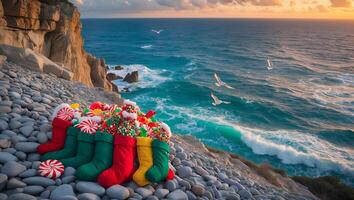 Stockings Filled with Candy on Pebble Beach with Ocean View photo
