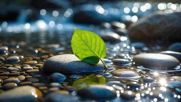 Single Green Leaf Resting on Rock in Shallow Sparkling Water photo