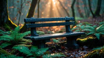 Park Bench Resting in a Forest Clearing with Sun Rays photo