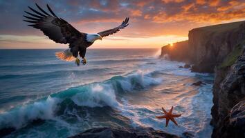 Bald Eagle Flying Over Ocean Waves at Sunset with Starfish photo