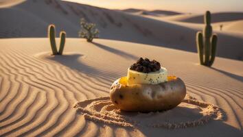 Potato Desert Food with Topping in Sandy Landscape at Sunset photo