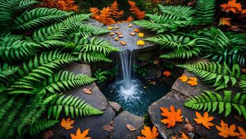 Waterfall Flowing Into a Small Pond Surrounded by Ferns and Leaves photo