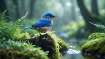 Bluebird Perched on Mossy Log in Misty Forest Environment photo