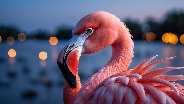 Flamingo Portrait During Dusk with Blurry Lights Reflecting on Water photo