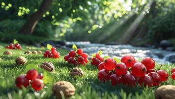 Red Currants and Walnuts on Grass by Stream in Sunlight photo