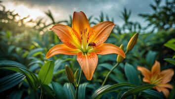 Tiger Lily with Ladybug in Garden Setting at Golden Hour photo