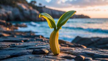Banana with Plant Growing on Rocky Shore at Sunset Horizon photo