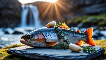Prepared Fish with Garlic and Thyme Near Waterfall at Sunset photo