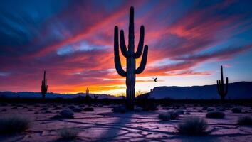 Desert Cactus Landscape at Sunset with Dramatic Sky and Bird Flying photo