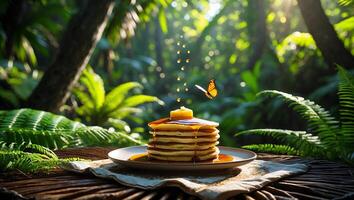 Pancake Stack with Butter and Syrup on a Table in Nature photo