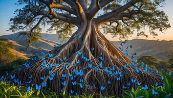 Majestic Banyan Tree with Blue Butterflies in Lush Mountain Landscape photo