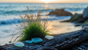 Sea Glass on Log by Ocean at Sunset with Grassy Patch photo