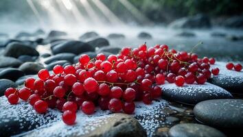 Red Currant Berries on River Rocks with Sunlight and Water Mist photo