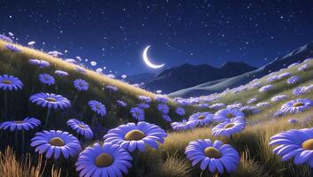 Purple Flowers Blooming at Night with Crescent Moon and Starry Sky photo