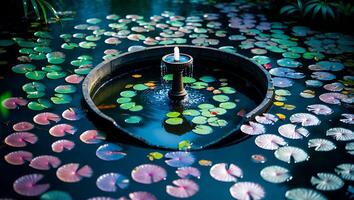 Fountain Bubbling in Pond with Lily Pads Creating Serene Scene photo
