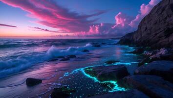 Glowing Bioluminescent Beach at Sunset with Waves and Colorful Sky photo