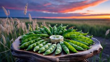 Preparing Green Peas with Cheese on Wooden Plate at Sunset photo