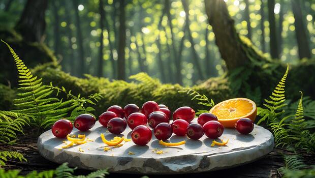Cranberries and Orange Slice on Stone Slab in Forest Setting photo
