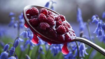 Serving Spoon with Raspberries and Jelly Drips Against Bluebell Backdrop photo