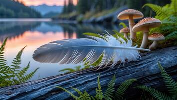 Feather and Mushrooms on Log by Lake at Sunset Serenity photo