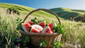 Watermelon Slices in Basket Outdoors on Green Meadow with Butterflies photo