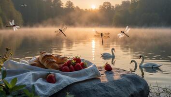 Croissants and Strawberries by Lake with Swans and Dragonflies photo