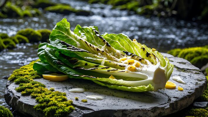 Grilled Romaine Lettuce Salad on Stone with Lemon and Drizzle Outdoors