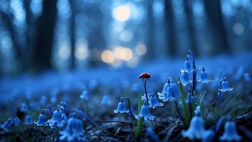 Bluebells Blossom with Ladybug in Forest, Soft Focus Tranquil Scene photo