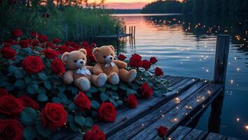 Teddy Bears with Red Roses Sitting on Dock at Sunset Lake photo