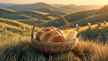 Basket of Bread and Cheese on a Hillside at Sunset photo