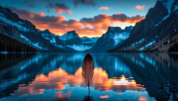 Feather Floating on Calm Lake Reflecting Mountains at Sunset photo