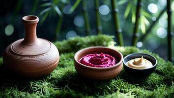 Still Life Featuring Clay Pot and Bowls of Colorful Dips photo