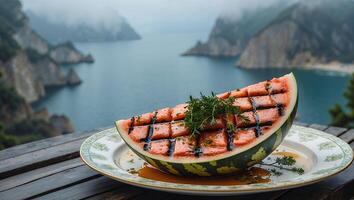 Grilled Watermelon Slice Served on Plate with Overlook View photo
