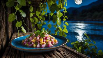 Enjoying Fresh Ceviche by the River at Night Under the Moonlight photo
