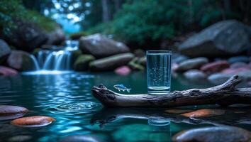 Glass of Water by Stream with Small Fish and Wood photo