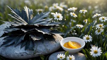 Natural Still Life with Stone, Leaf, Orange Slices, and Daisies photo