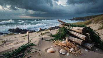Beach with Wooden Structure, Shells, and Moody Sky Along Coastline photo