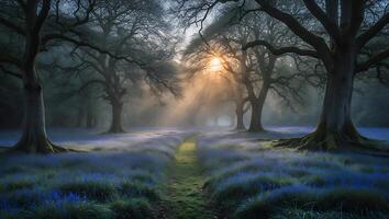 Walking Path Through Bluebell Field with Misty Sunlight in Forest photo