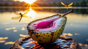 Cut Pear on Wood with Water and Dragonflies at Sunset photo