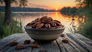 Pecan Nuts in Bowl on Wooden Table by Lake at Sunset photo