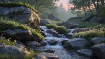 Flowing Stream in Forest with Mossy Rocks and Wildflowers photo