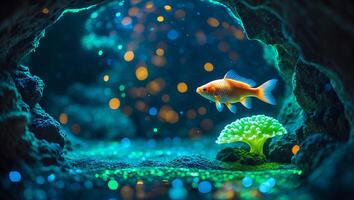 Goldfish Swimming in Ethereal Underwater Cave with Glowing Lights photo